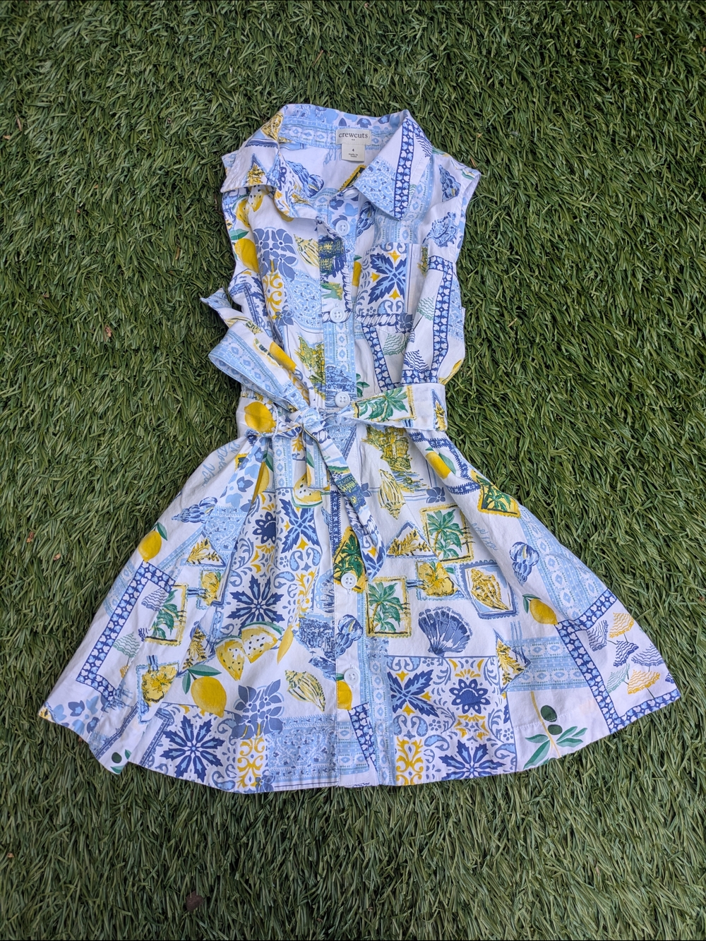 Crewcuts Girls' Blue & Yellow Sleeveless Printed Shirt Dress
